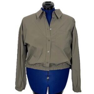 Athleta Midday Bubble Hem Shirt UPF 40+ Large Green taupe Athleisure Travel NEW